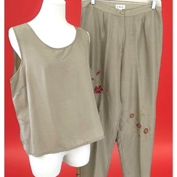 I.S.C. 100% Silk Tunic & Embroidered Pant Set Women's Large Beige Floral Luxury - Picture 1 of 12